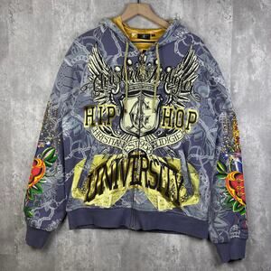 Y2K Insane Christian Audigier Rhinestone Hip Hop University Designer Zip Up X-L